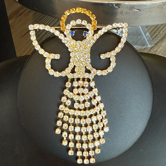 Vintage Angle Shaped Waterfall Dangle Fringe Rhinestones Brooch Pin Gold Toned - Picture 5 of 8